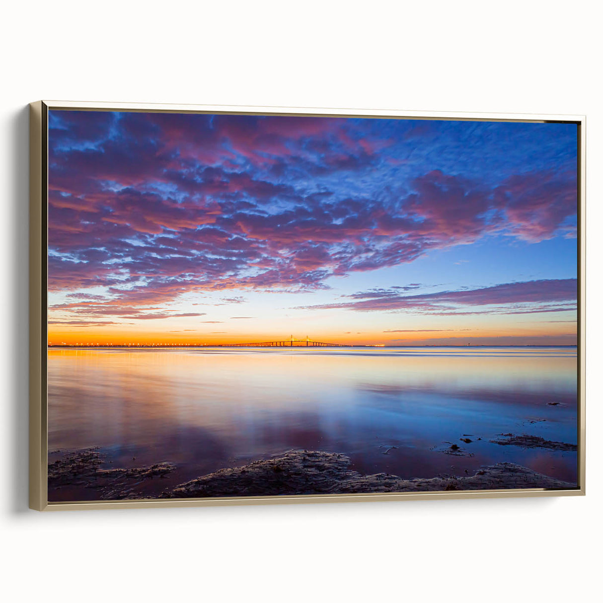 Framed canvas featuring a vintage-style landscape painting of the Florida Keys, with muted gold and black tones.