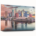 Acrylic print of Tampa skyline in muted blue and gray tones, ideal for bedroom or dining room decor.