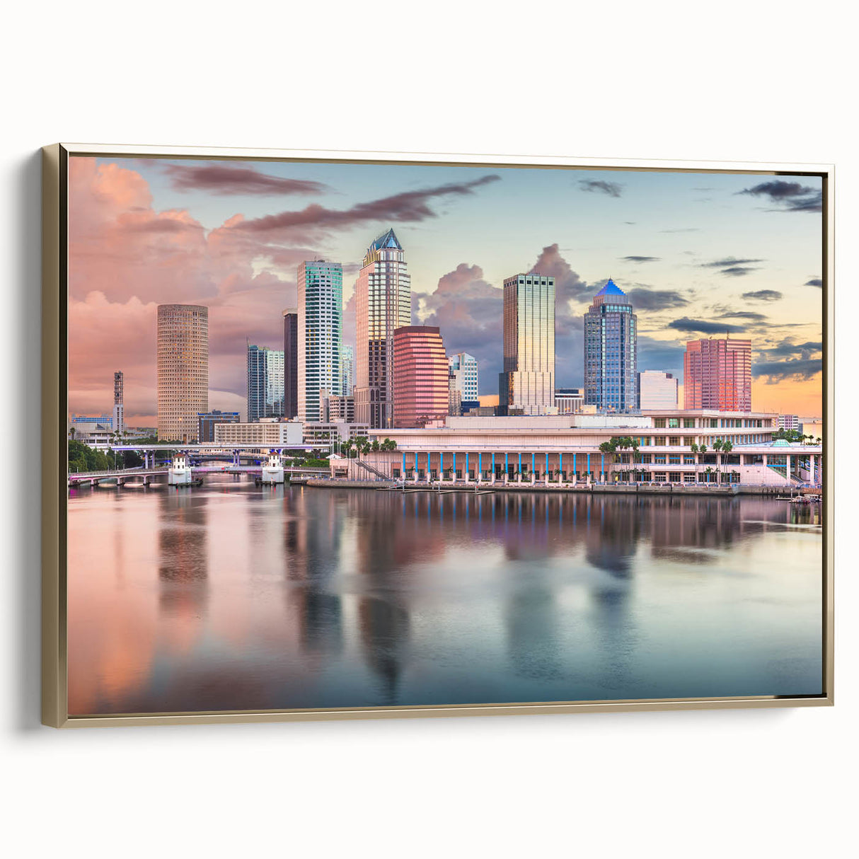 Framed canvas depicting Tampa landscape in vintage poster style.