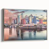 Framed canvas of Tampa landscape featuring a colorful vintage poster art style with black accents, ideal for office decor.