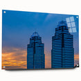 Atlanta skyline in muted gray and blue tones on large acrylic print, suitable for bedroom or dining room decor.