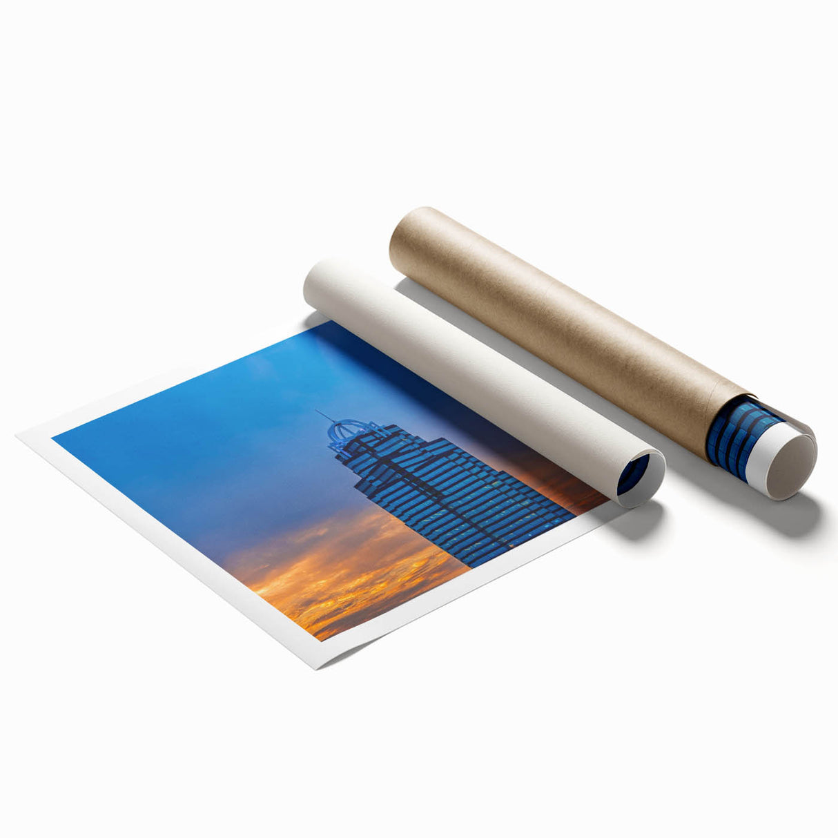 Atlanta skyline in muted gray and blue tones on a rolled canvas, ideal for classy bathroom wall art.