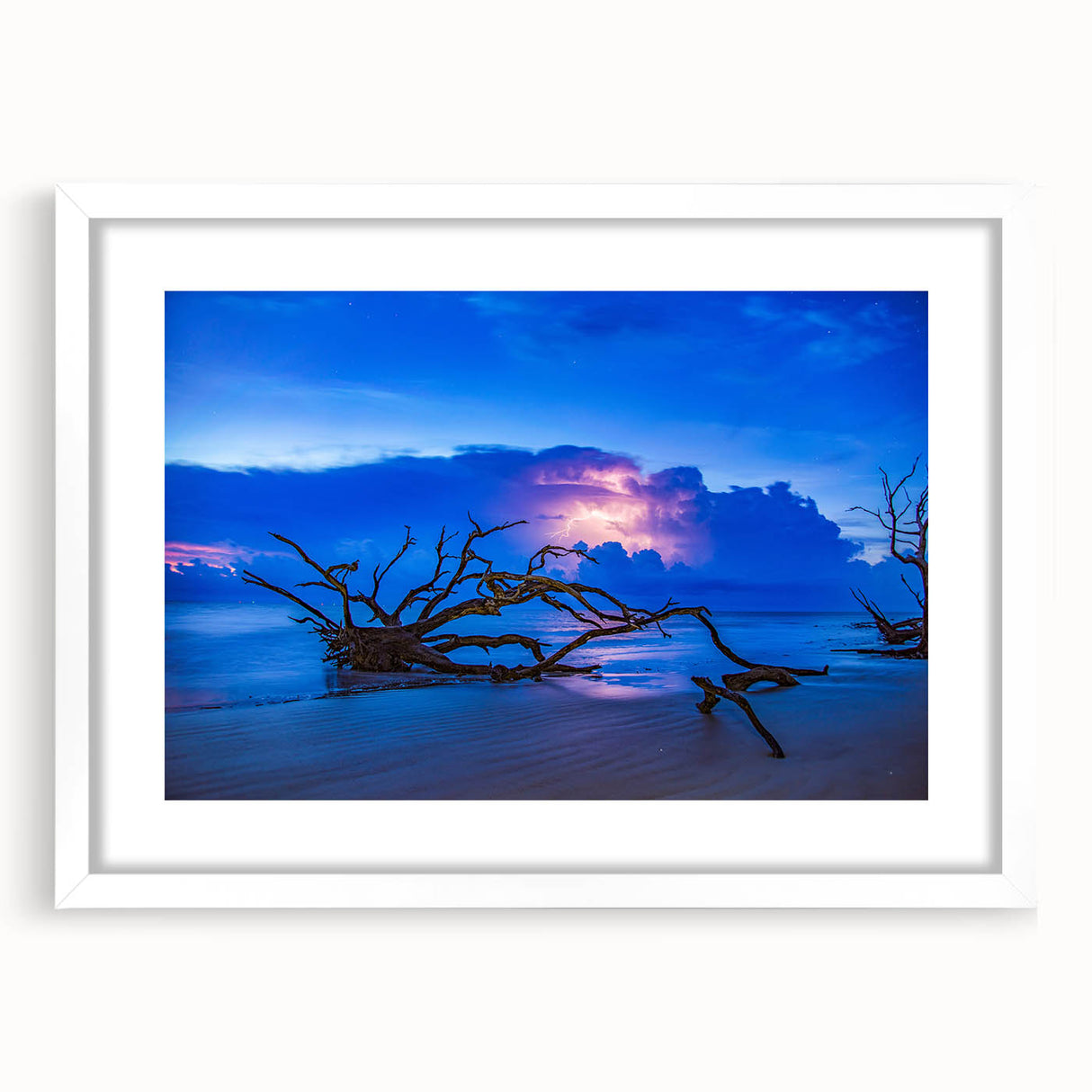 Abstract art print of Savannah landscape in muted green and blue tones on a framed white canvas, ideal for dining room decor.