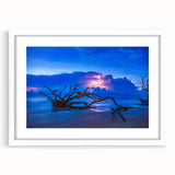 Abstract art print of Savannah landscape in muted green and blue tones on a framed white canvas, ideal for dining room decor.