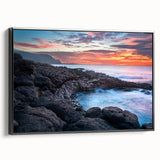 Black and white framed canvas of Kauai landscape, vintage poster style, ideal for bedroom ambiance.