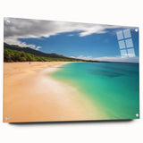 Large abstract depiction of Maui scenery on acrylic glass, with vibrant blues and greens.