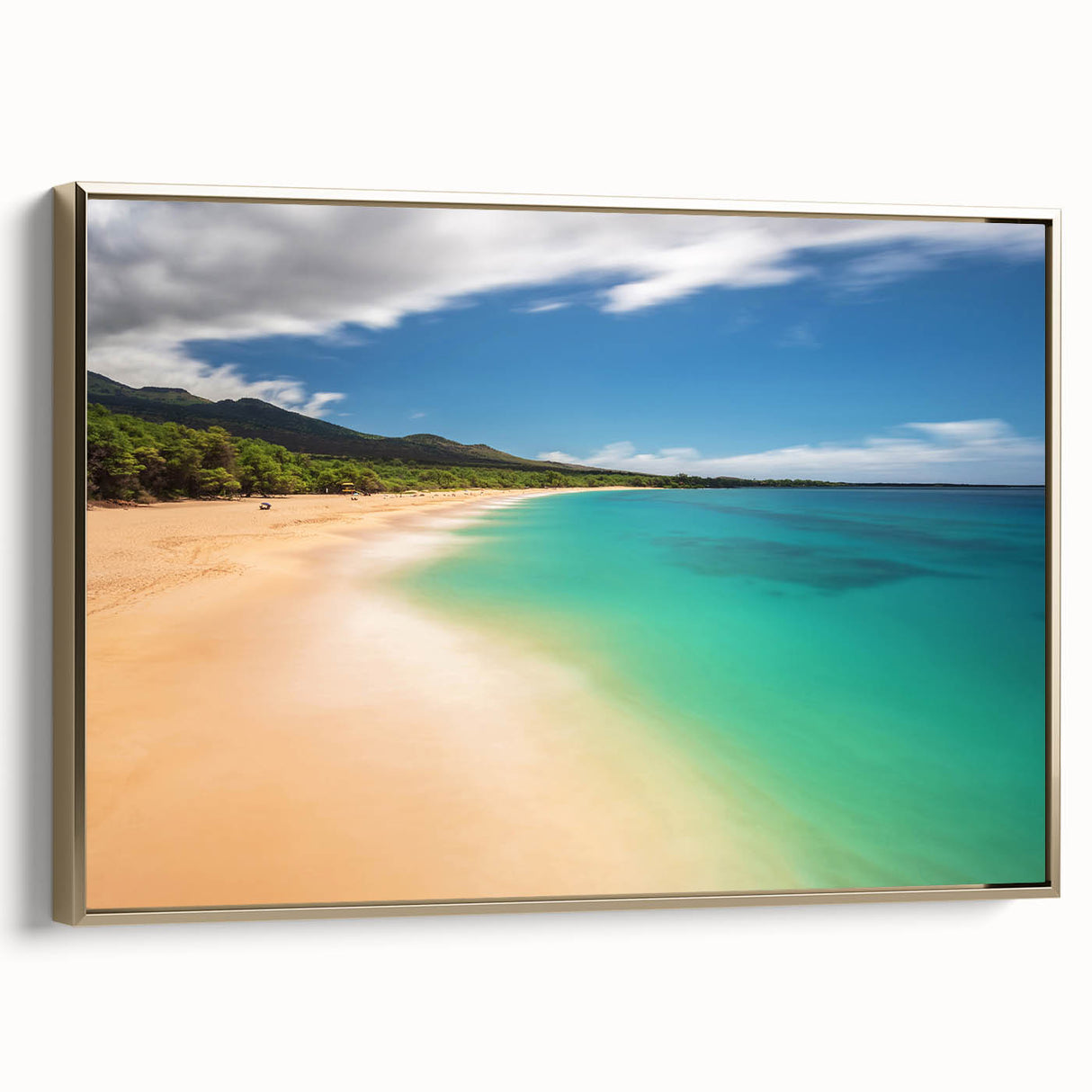 Framed canvas of a vintage-style Maui landscape with black and gold tones, ideal for bedroom wall art.