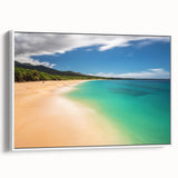 Vintage poster art of a Hawaiian landscape on extra large framed canvas, featuring vibrant colors.