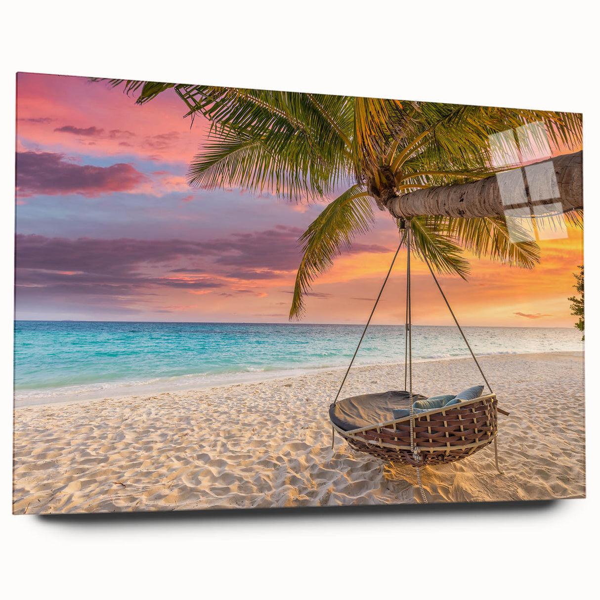 Large abstract wall art of Oahu's coastline in muted blue and green tones on acrylic glass.