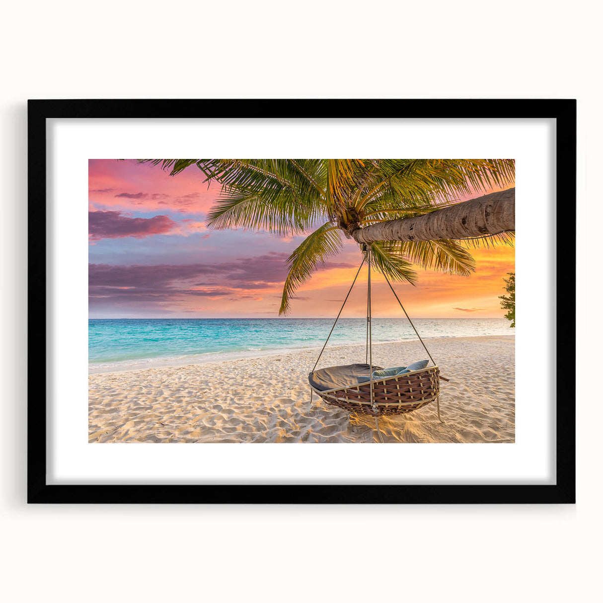 Extra large abstract art print of colorful, textured scenery of Oahu, Hawaii on a framed black mat.