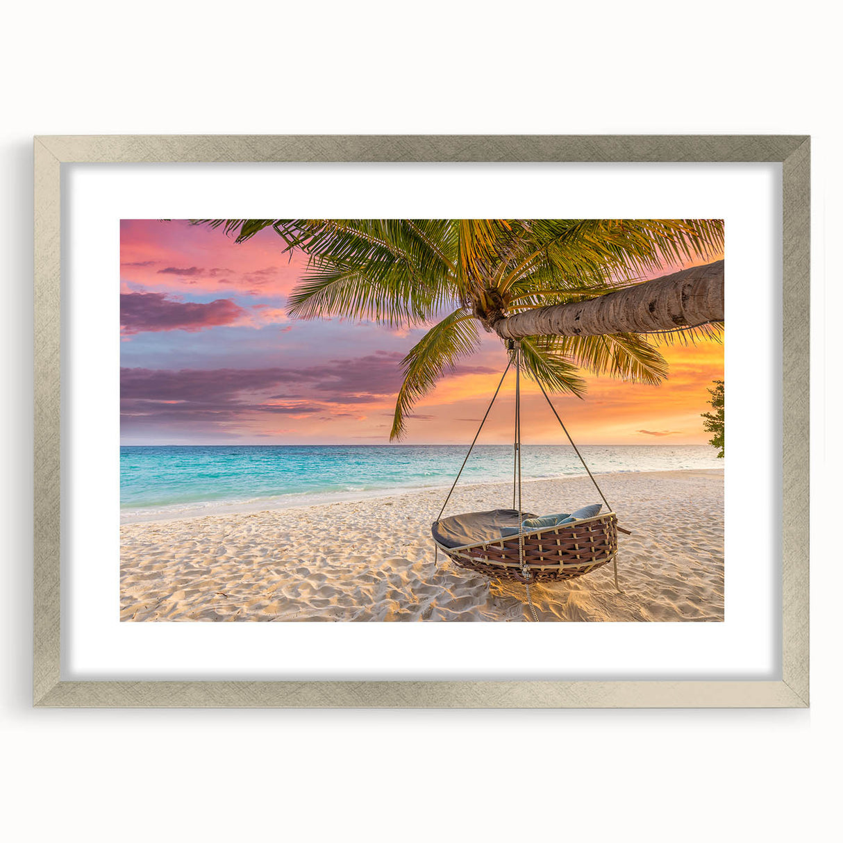 Textured art print depicting abstract scenery of Oahu, Hawaii in silver frame, suitable for bedroom decor.