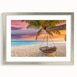 Textured art print depicting abstract scenery of Oahu, Hawaii in silver frame, suitable for bedroom decor.