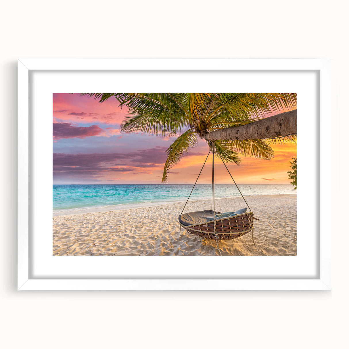 Abstract art print of Oahu, Hawaii, in muted blue and green tones on a white framed canvas, suitable for dining room decor.