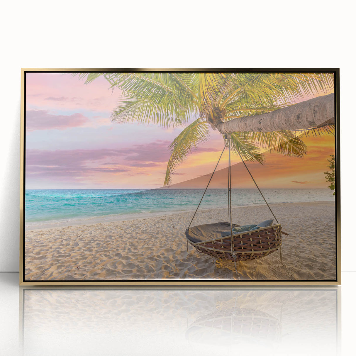 Mid-century modernist acrylic print of Oahu scenery, framed in gold, ideal for modern art wall decor.