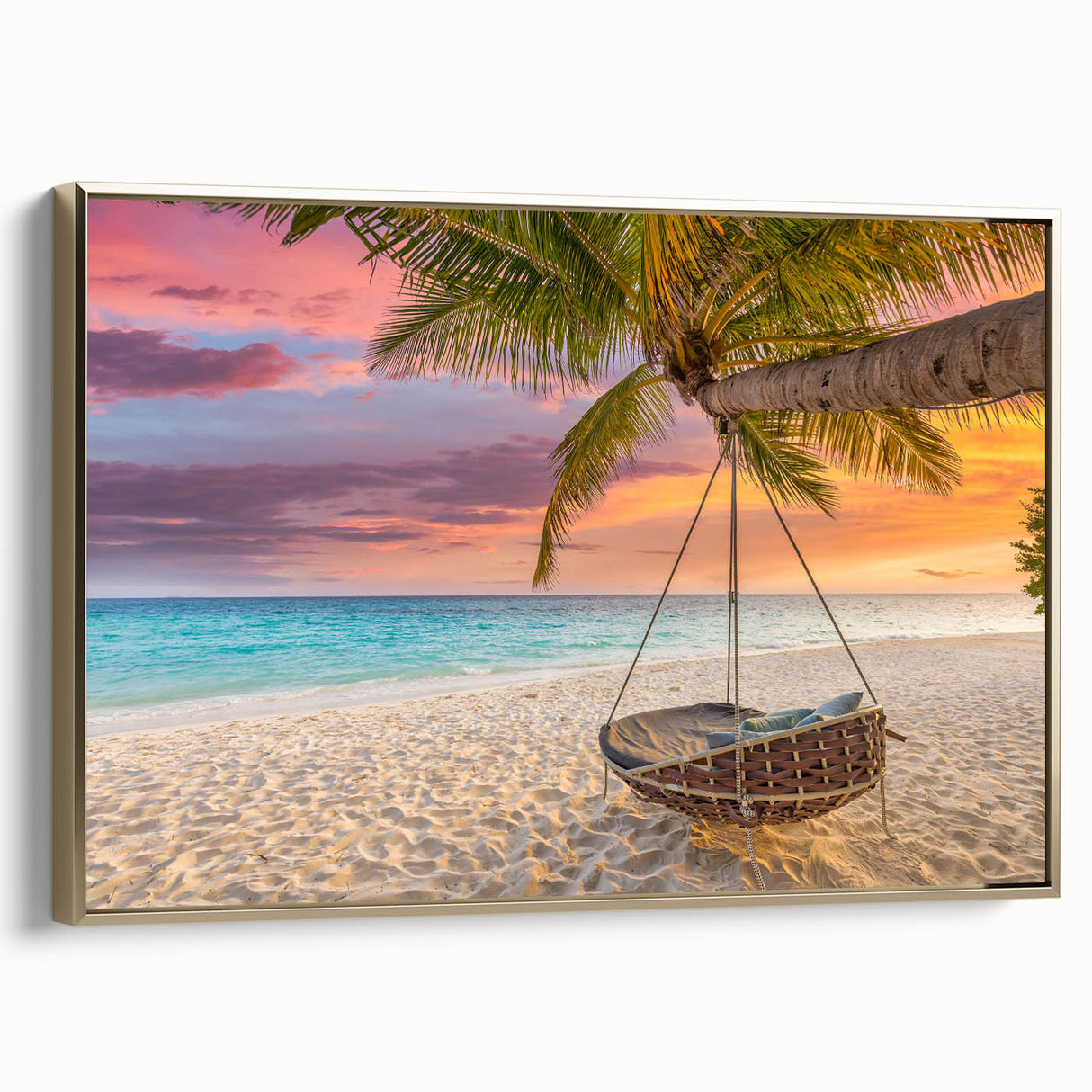 Framed canvas of Oahu landscape in muted gold and black tones, ideal for bedroom wall art.