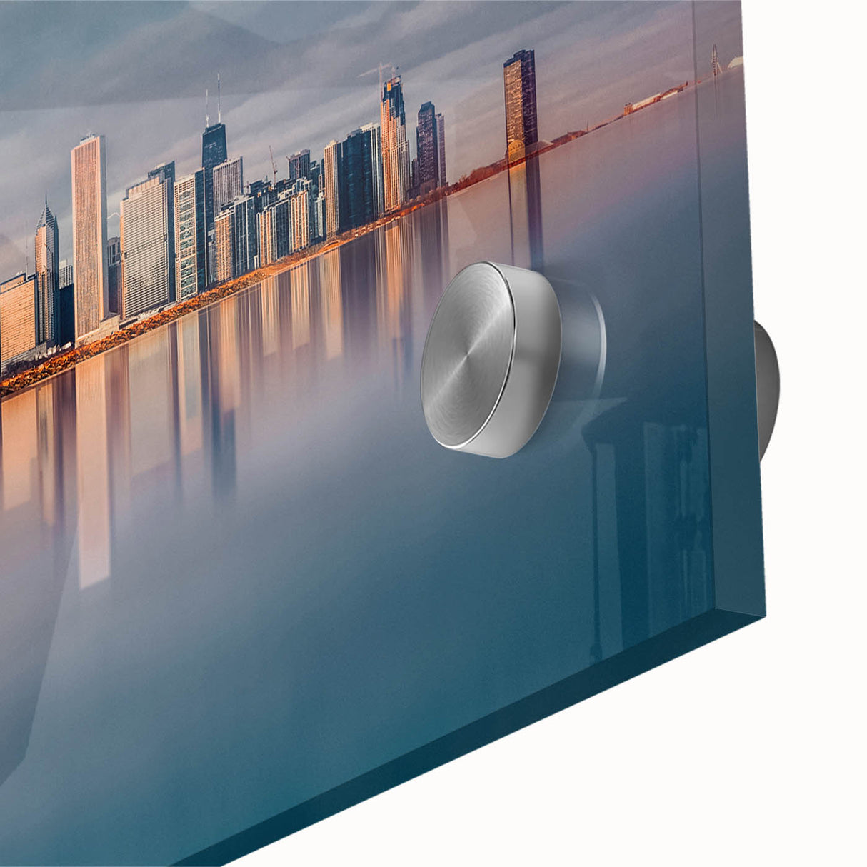 Large abstract depiction of Chicago skyline in muted blue tones on acrylic glass, suitable as dining room art.