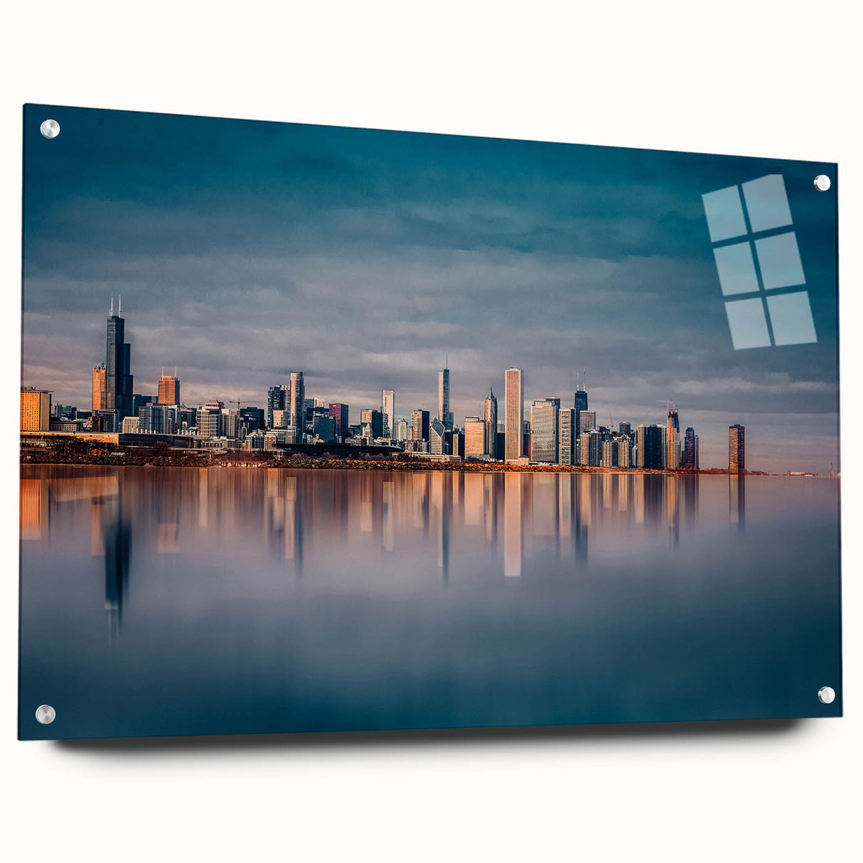 Acrylic print of a large abstract depiction of the Chicago skyline in cool blue and gray tones.