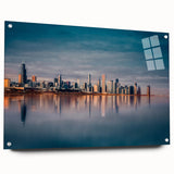 Acrylic print of a large abstract depiction of the Chicago skyline in cool blue and gray tones.