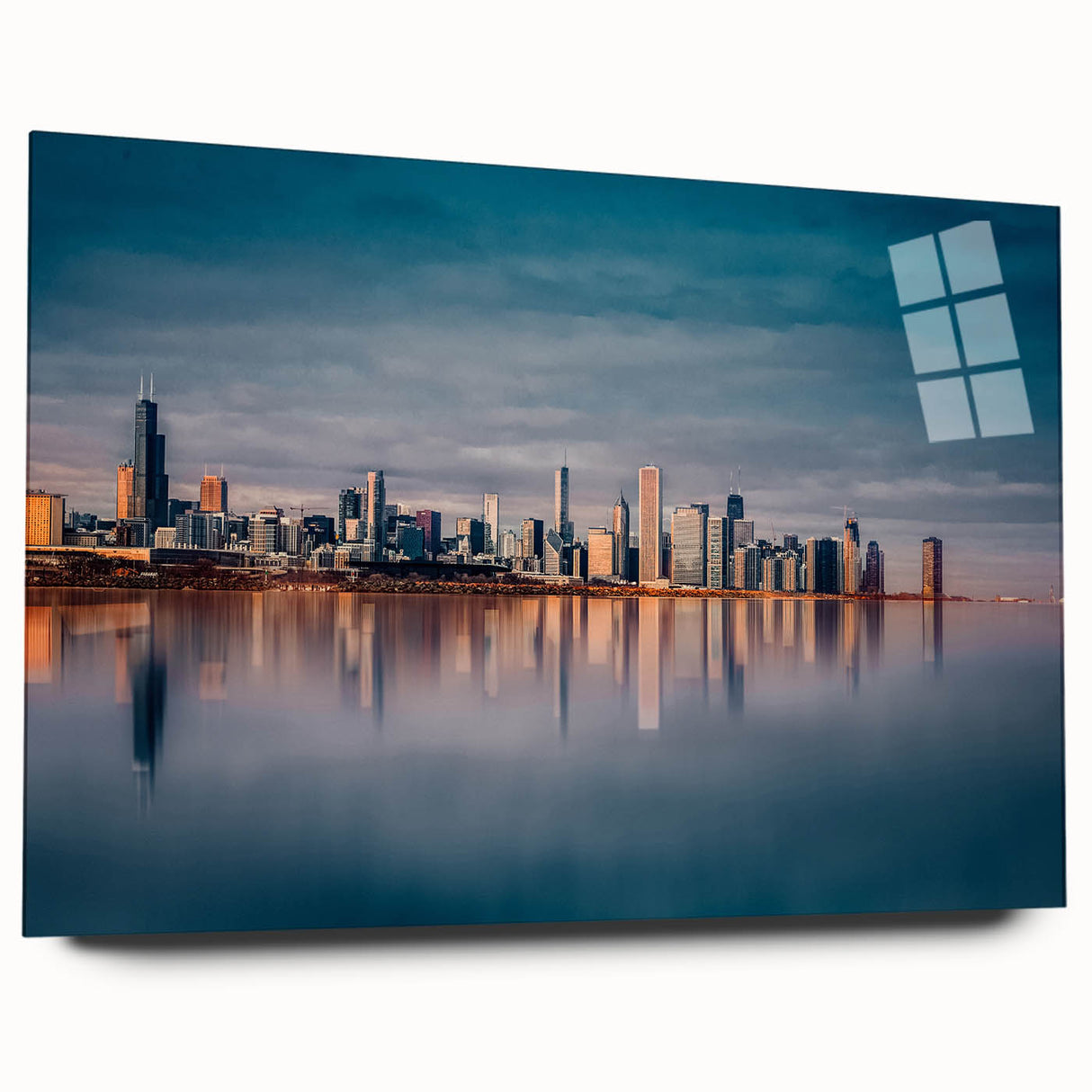 Large abstract depiction of the Chicago skyline in muted blue and gray tones on acrylic glass.