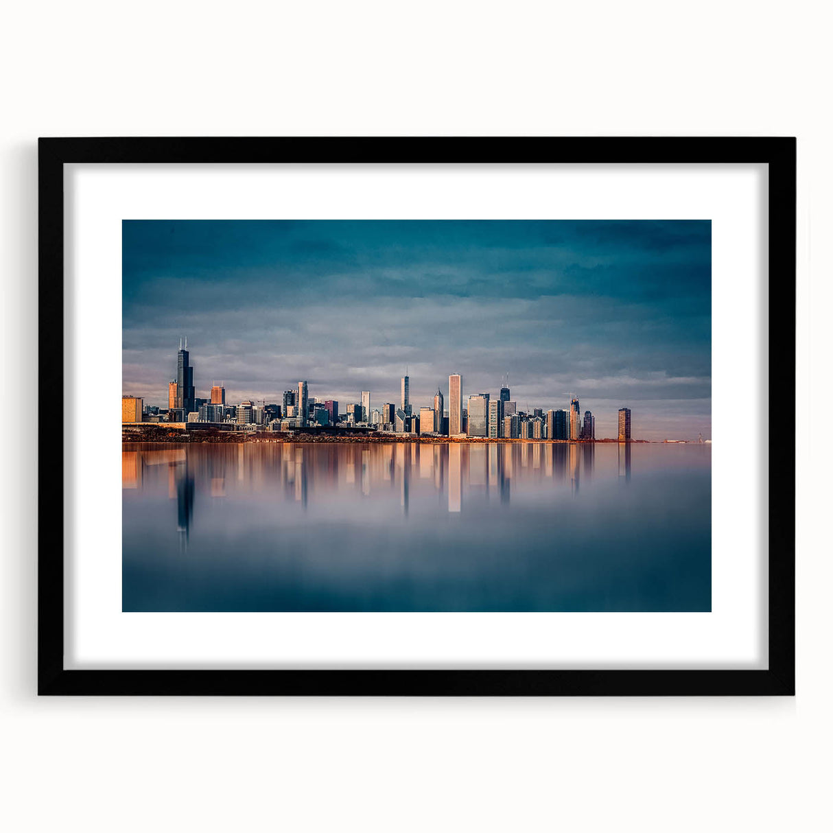 Extra large abstract art print of Chicago skyline in vibrant, colorful hues on a textured canvas.