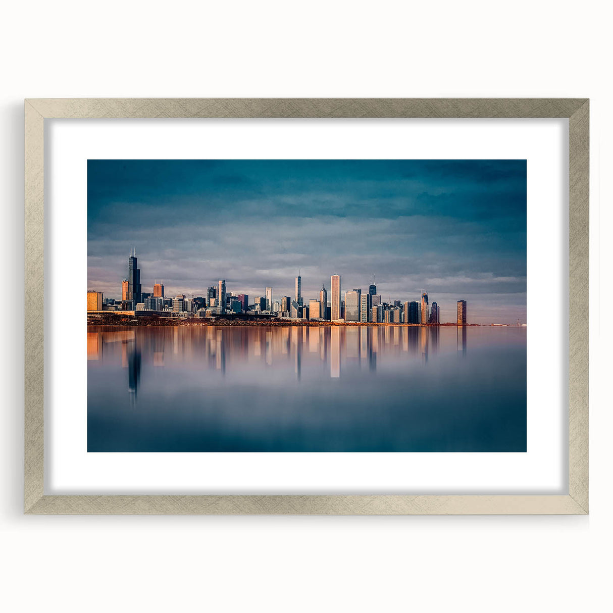 Textured art print of abstract Chicago skyline in muted blues and grays, framed with a silver mat.