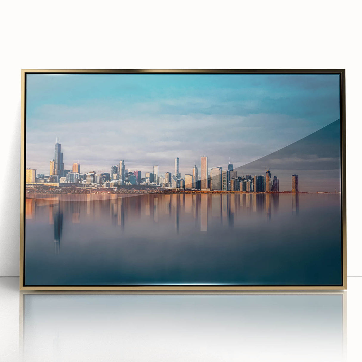 Large art print of Chicago skyline in muted gold tones on framed acrylic, ideal for modern art wall decor.