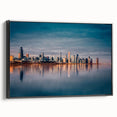 Black and white framed canvas of Chicago skyline, ideal for bedroom wall art, featuring vintage poster style.