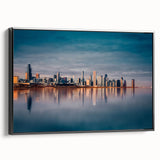 Black and white framed canvas of Chicago skyline, ideal for bedroom wall art, featuring vintage poster style.