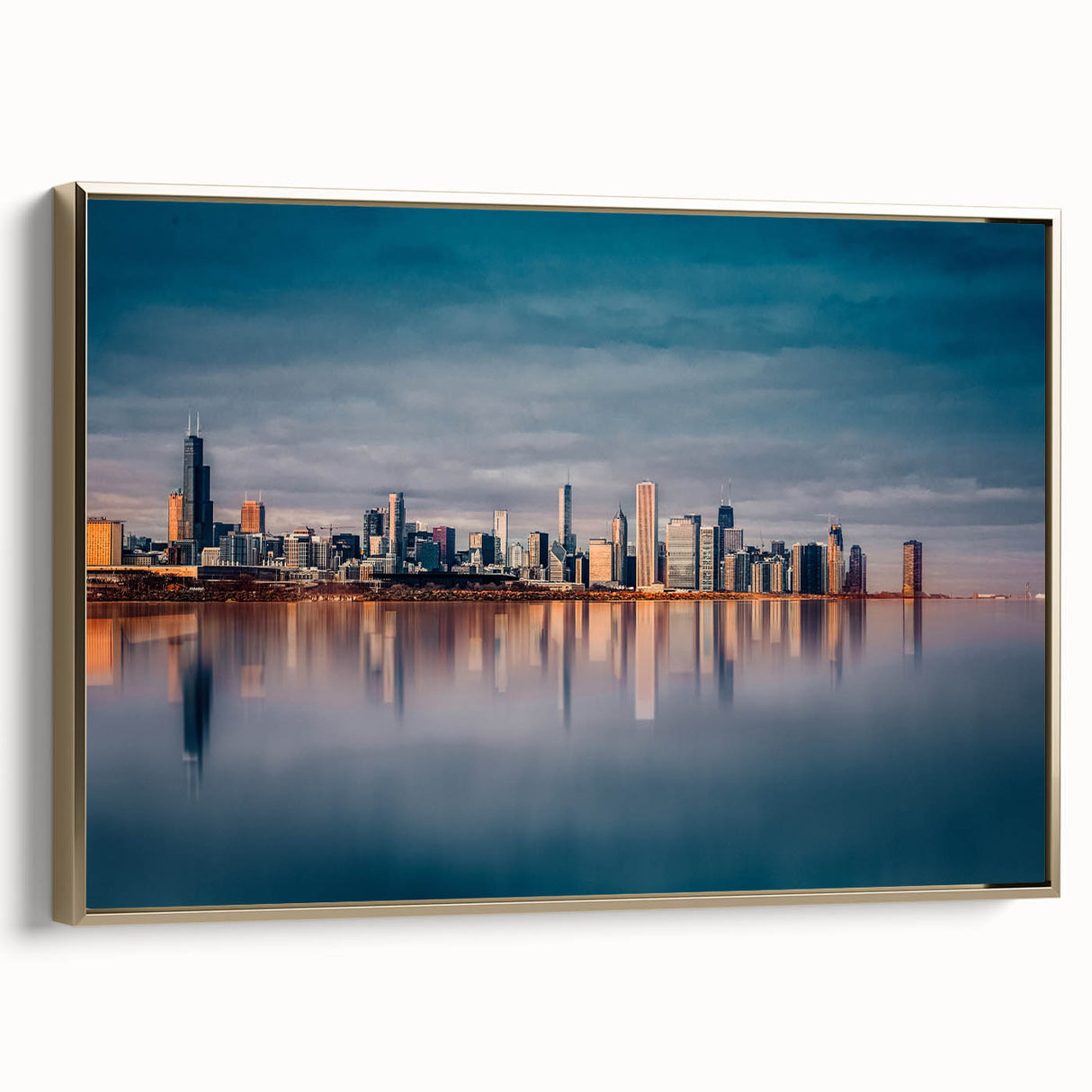 Framed canvas wall art featuring a Chicago landscape in vintage poster style, with black and gold tones.