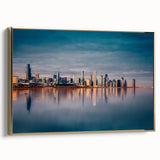 Framed canvas wall art featuring a Chicago landscape in vintage poster style, with black and gold tones.