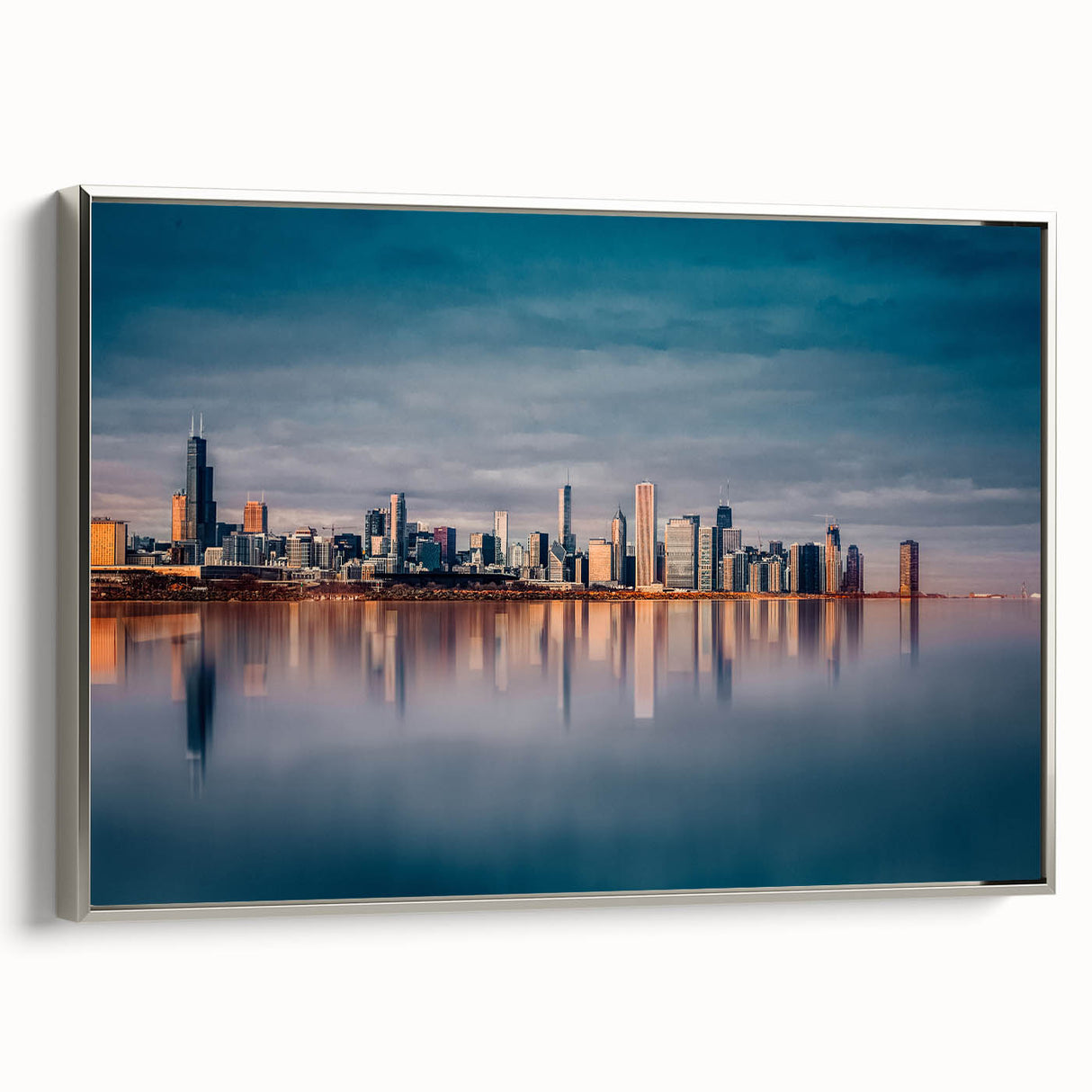 Framed canvas of a vintage Chicago skyline in muted black with colorful accents, ideal for office decor.