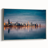 Framed canvas of a vintage Chicago skyline in muted black with colorful accents, ideal for office decor.