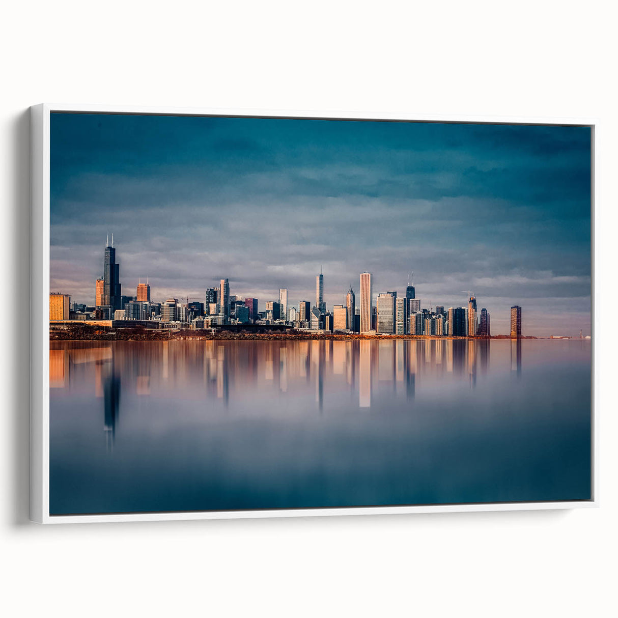 Vintage poster art of Chicago skyline in colorful hues on a large framed canvas, suitable for living room decor.