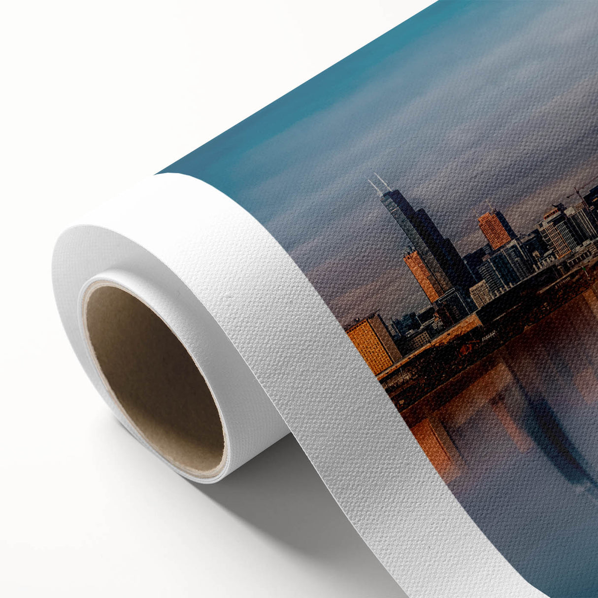 Art deco poster of Chicago skyline in muted blue tones on rolled canvas, ideal for nursery wall art.
