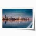 Rolled print of Chicago skyline in muted gray and blue tones, ideal for art wall dining room.