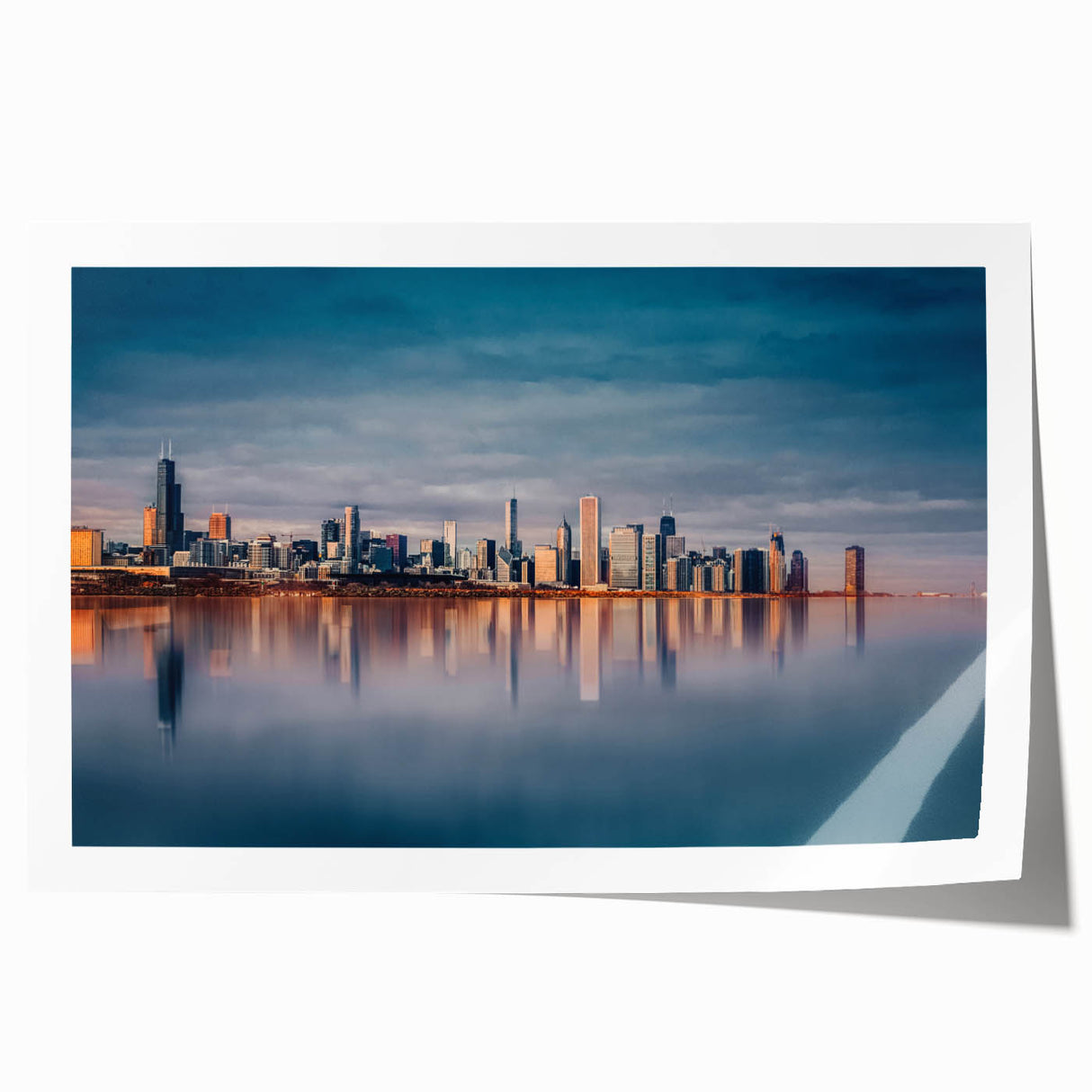 Rolled print of Chicago skyline in muted gray and blue tones, ideal for art wall dining room.