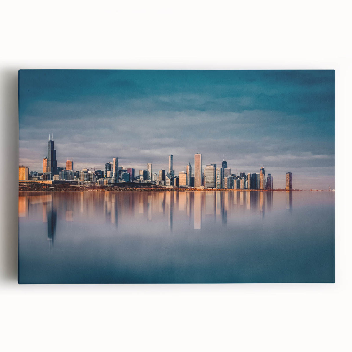Black and white large art print of Chicago skyline on stretched canvas, suitable for kitchen wall art.