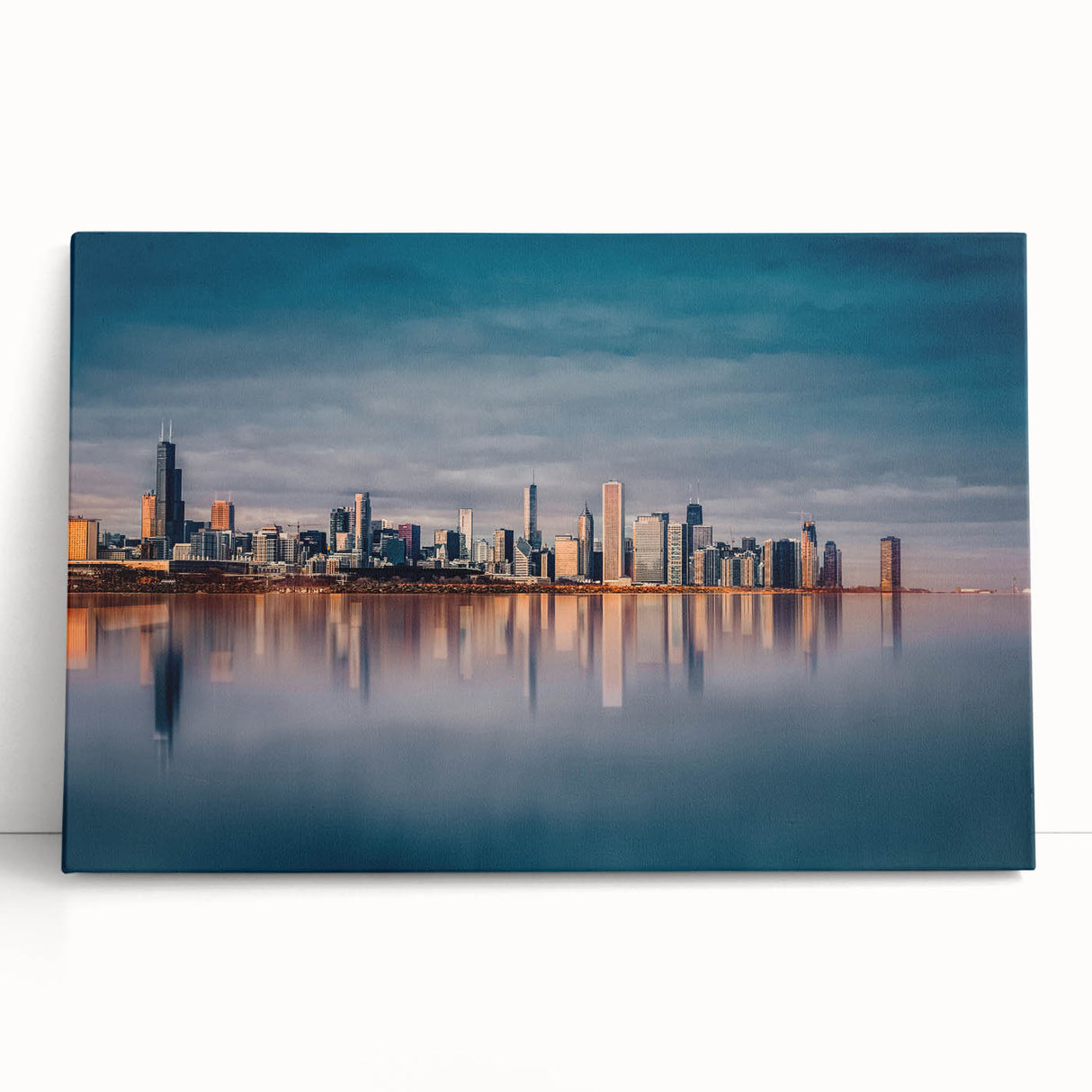 Black and white panoramic view of Chicago skyline on stretched canvas, ideal for kitchen wall art or bedroom ambiance.