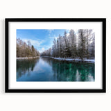 Extra large abstract art print of Lake Michigan, featuring vibrant, colorful textures on a black framed canvas.