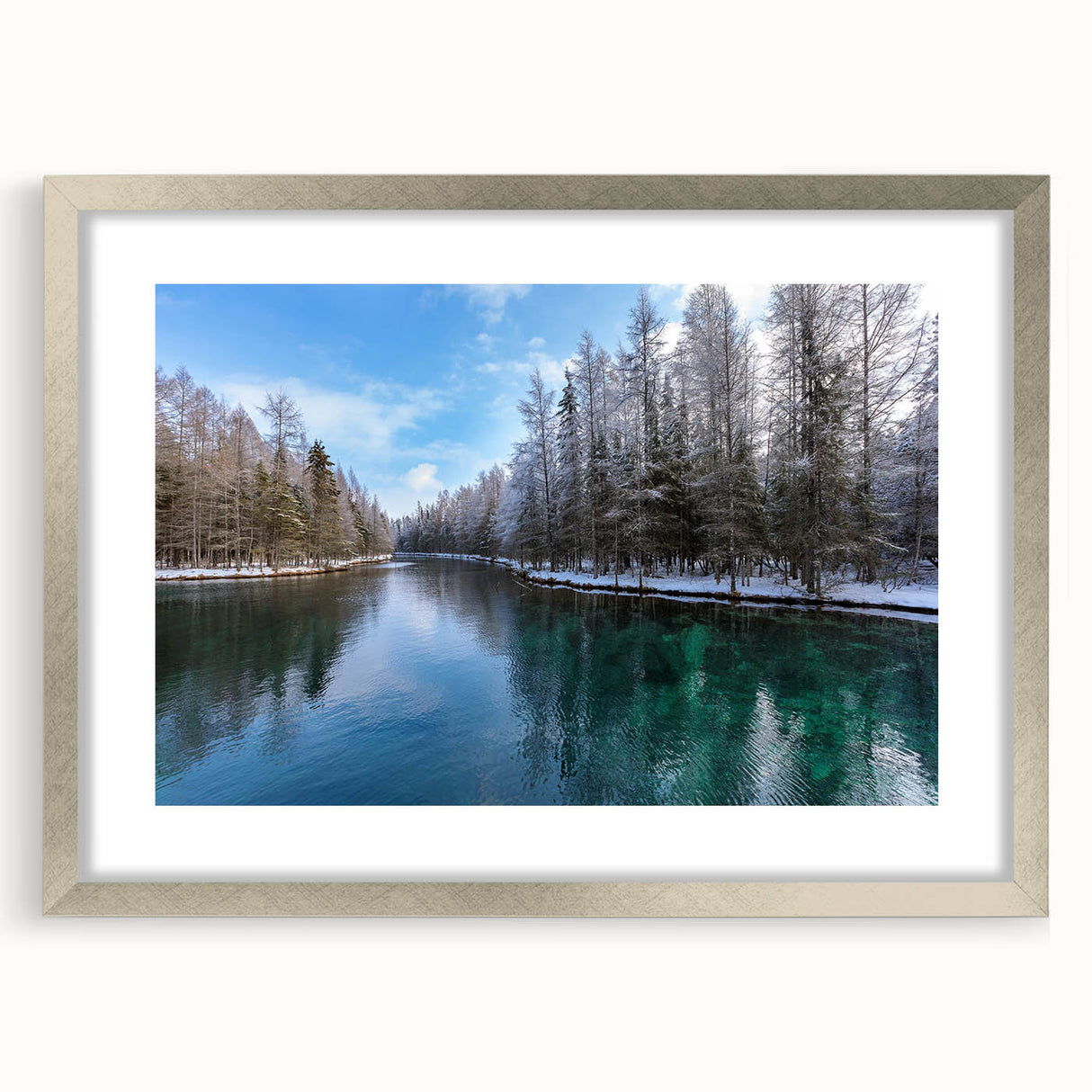 Textured art print of abstract Lake Michigan, featuring muted blue and gray tones on a framed silver mat.