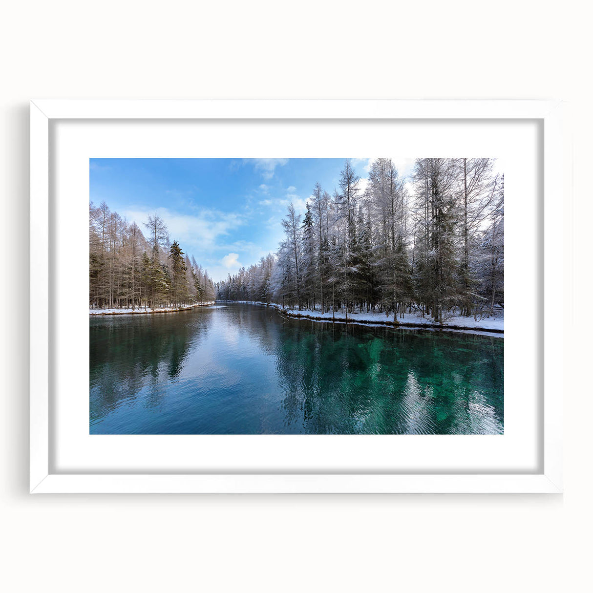 Abstract art print of Lake Michigan in muted blue and gray tones on a white-framed canvas, ideal for dining room decor.