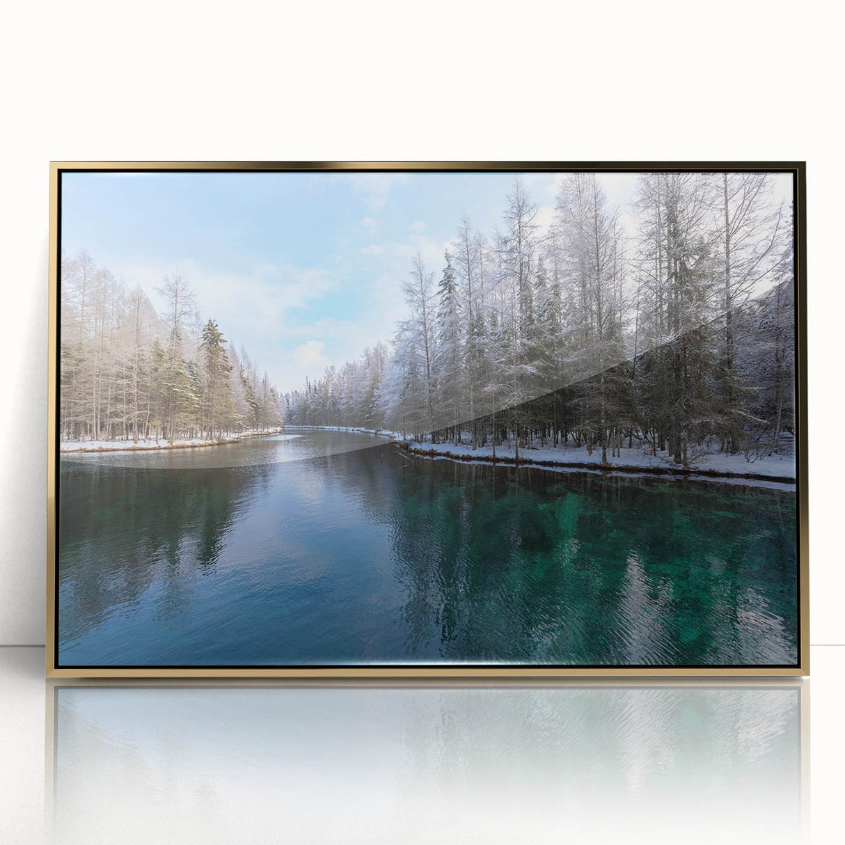 Mid-century modernist style depiction of Lake Michigan, framed acrylic with gold accents, suitable for modern art wall decor.