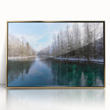 Mid-century modernist style depiction of Lake Michigan, framed acrylic with gold accents, suitable for modern art wall decor.