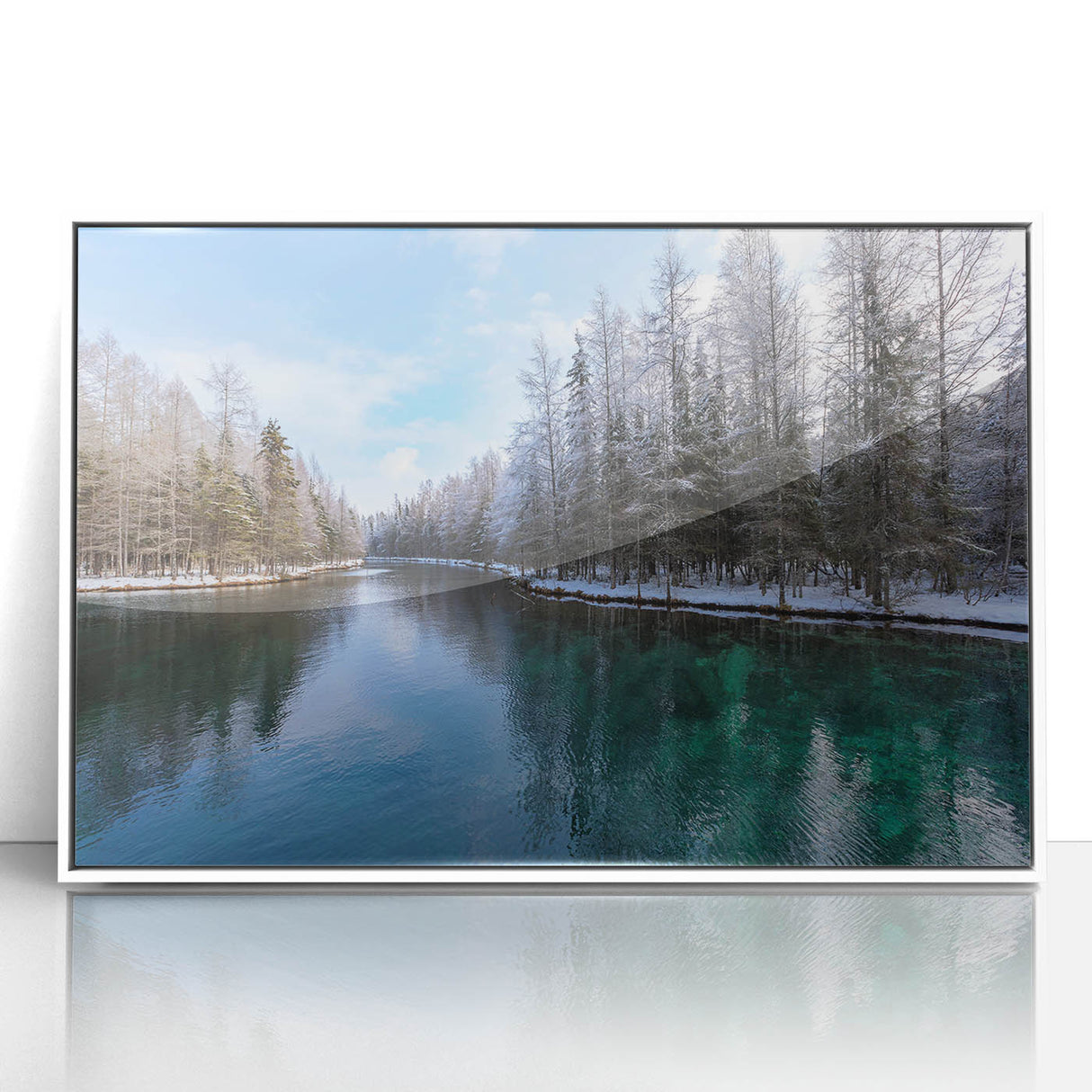 Acrylic print of Lake Michigan with soft blue and white tones in an art deco style, suitable for modern nursery wall decor.