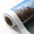 Art Deco poster of Lake Michigan with soft blue and gray tones on rolled canvas, ideal for nursery wall art.