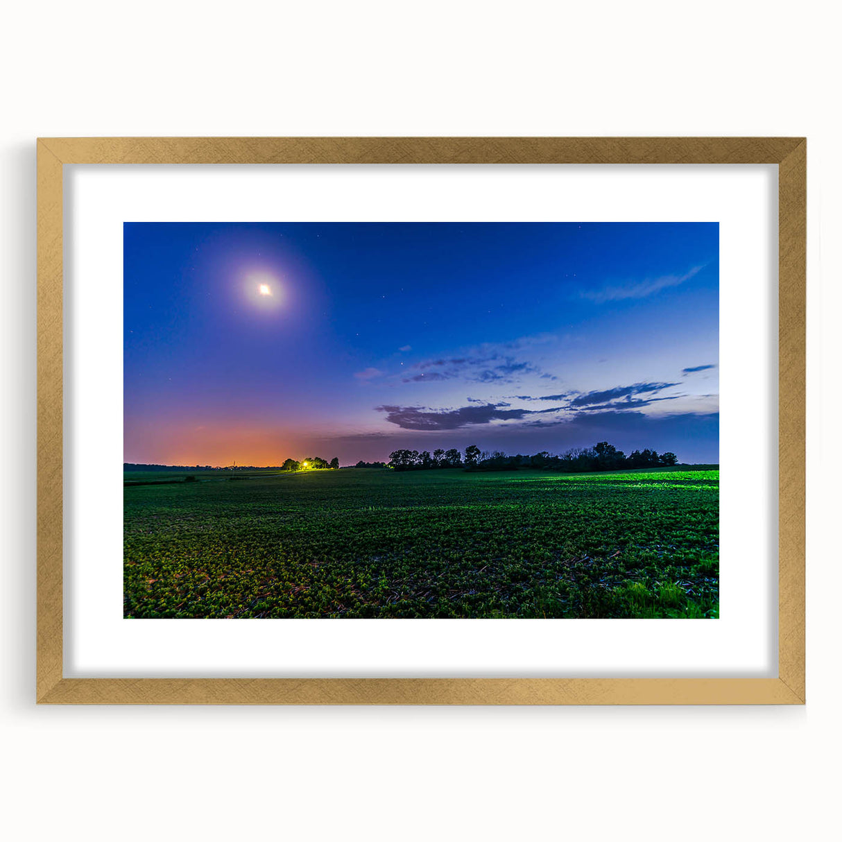 Extra large abstract art print depicting a textured Indiana landscape in muted earth tones, framed in gold.