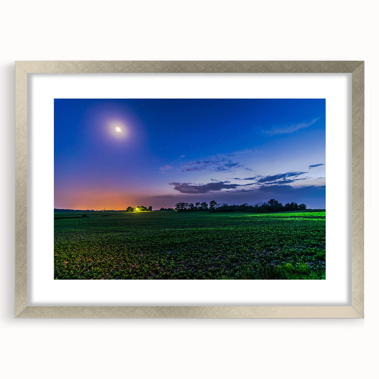Textured abstract art print depicting a serene Indiana landscape in muted earth tones, framed in silver.