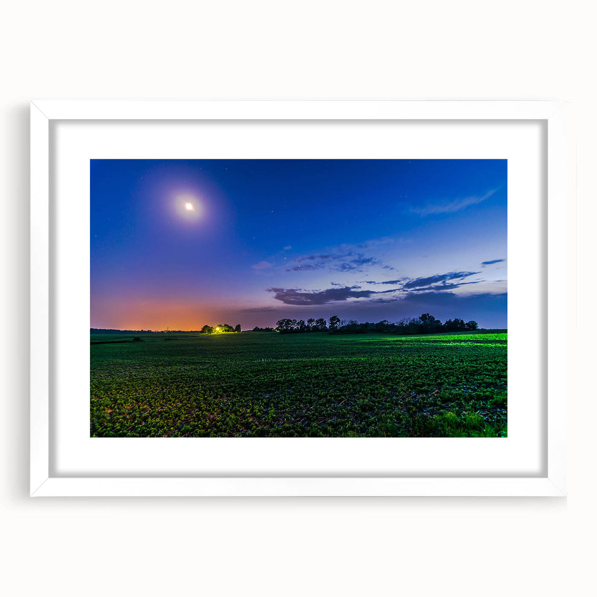 Abstract art print of Indiana scenery in muted earth tones on a white-framed canvas, suitable for dining room decor.