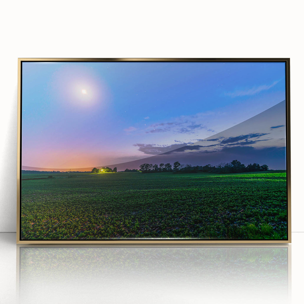 Mid-century modernist depiction of Indiana landscape in gold and green tones on framed acrylic.
