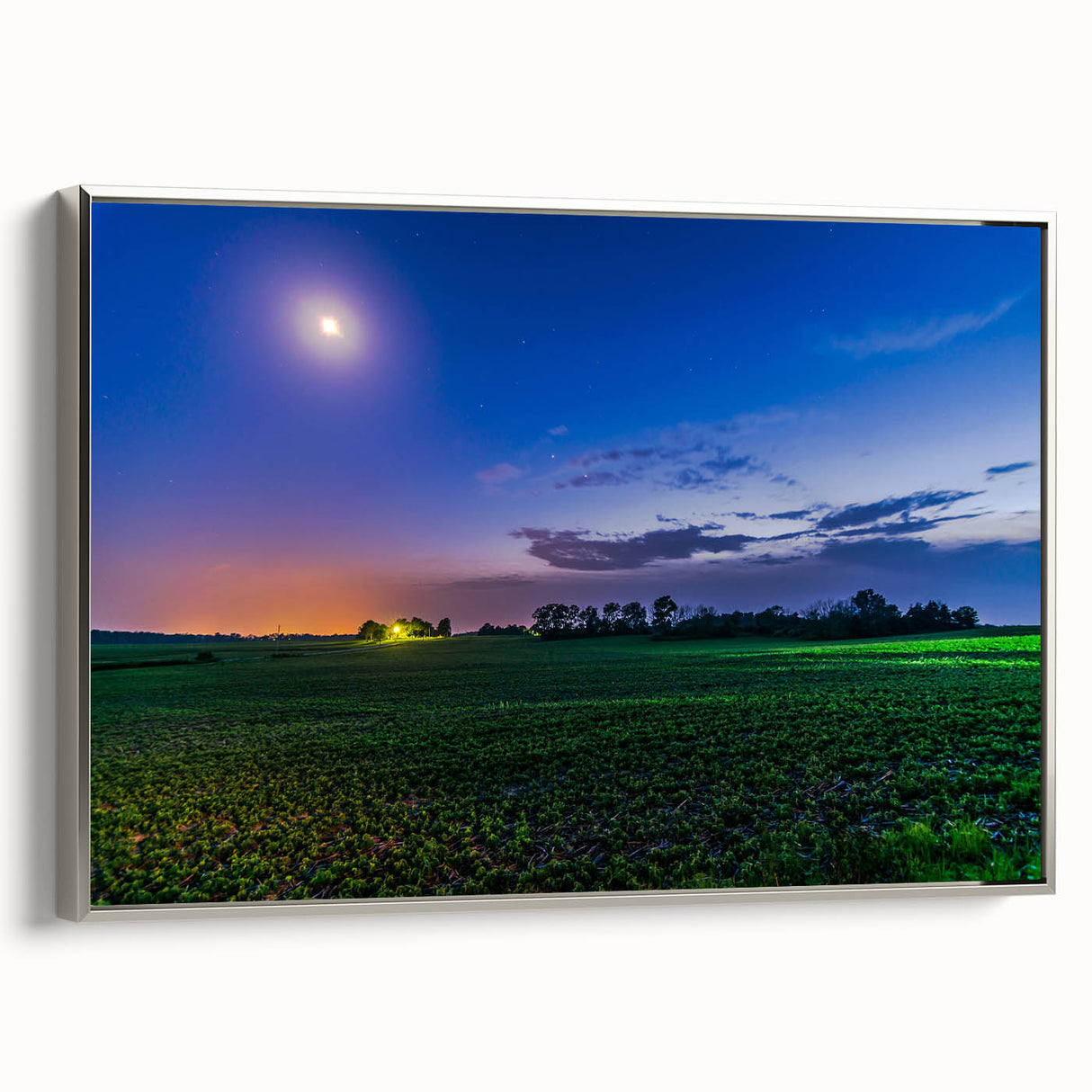 Framed canvas featuring a vintage-style landscape painting of Indiana, with colorful art elements on a black background.